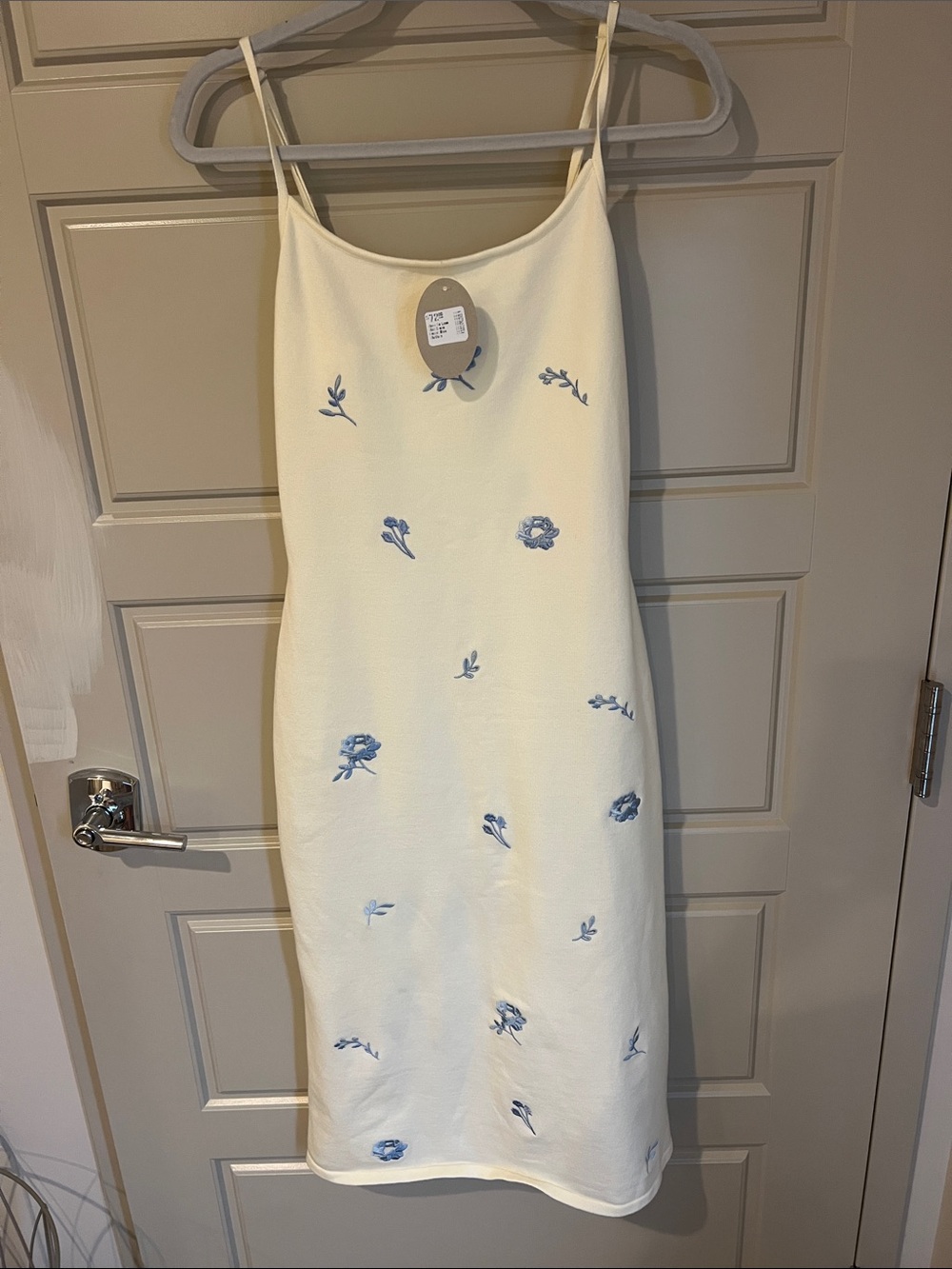 Cream Slip Dress with Blue Floral Embroidery